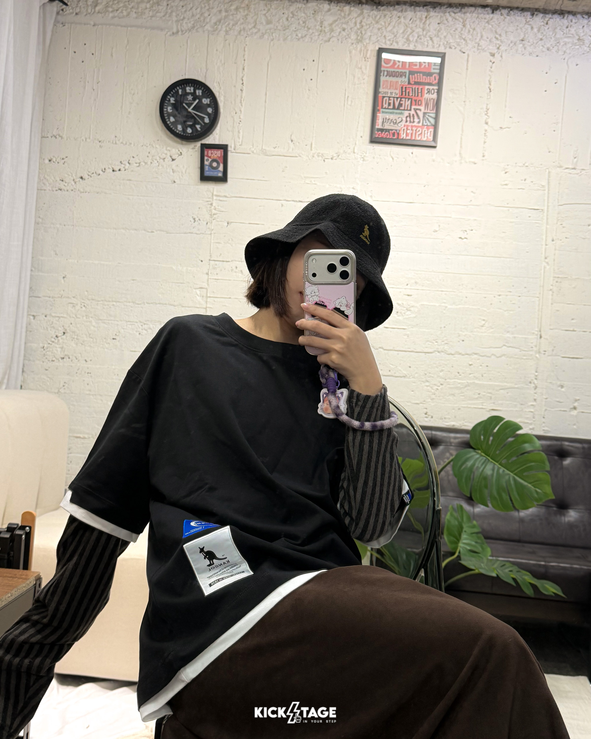 男女款 KANGOL TEE 黑色 英國 袋鼠 小LOGO 休閒 寬版 假兩件 短T【6325102520】