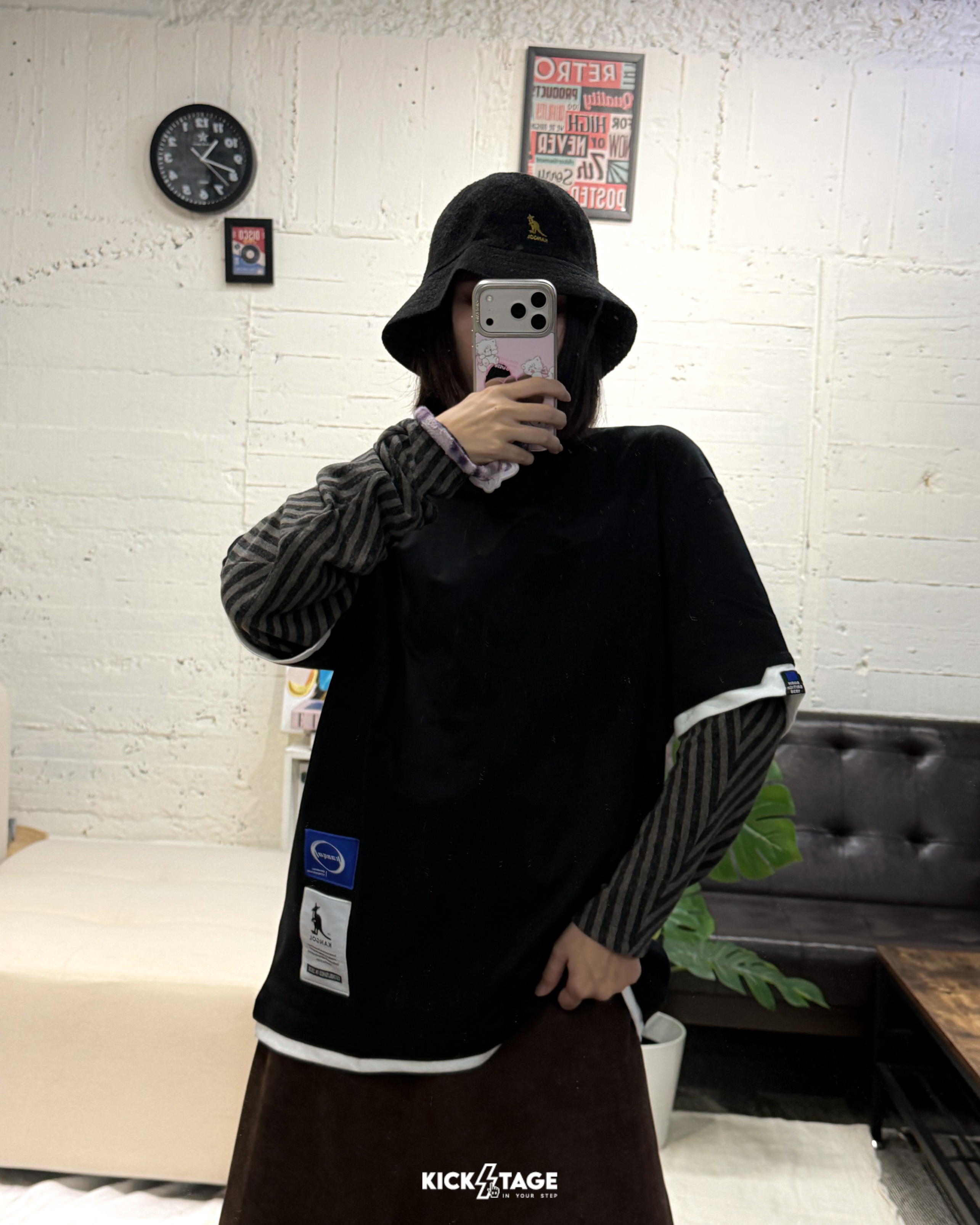 男女款 KANGOL TEE 黑色 英國 袋鼠 小LOGO 休閒 寬版 假兩件 短T【6325102520】