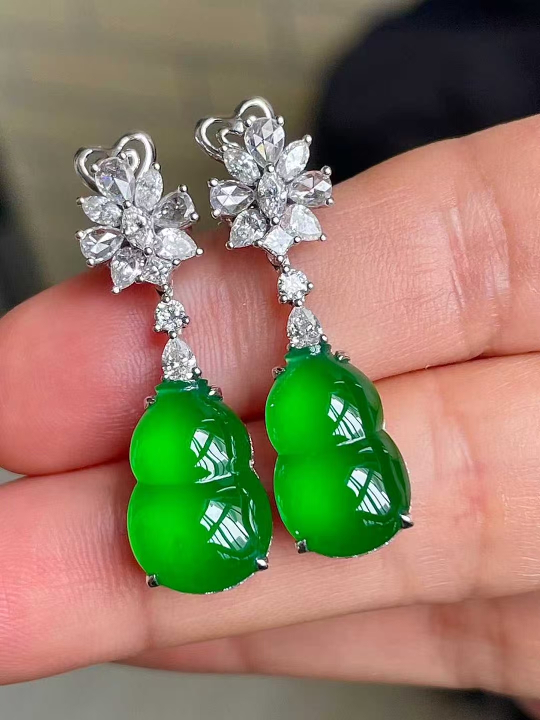 翡翠高冰陽綠葫蘆耳墜,天然翡翠A玉, 緬甸玉, Jade, Jadeite