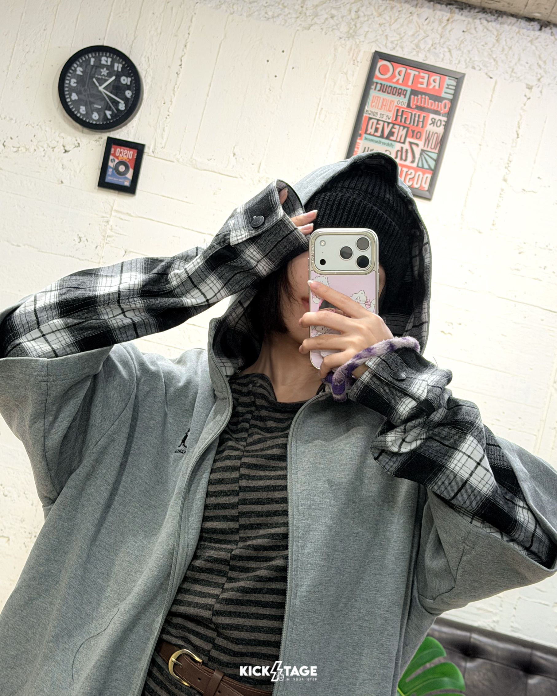 男女款 KANGOL JACKET 黑色 灰色 格紋 印花 英國 袋鼠 中性 假兩件 長袖 帽T 外套【64551422】