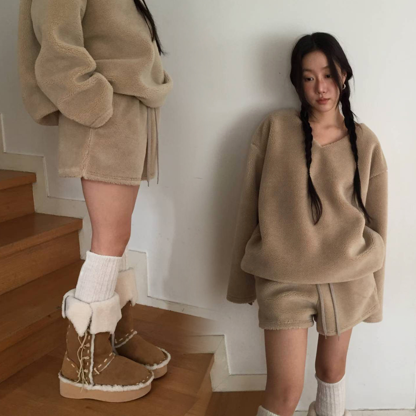 可愛毛絨絨感V領針織毛衣+短褲SET / 2色