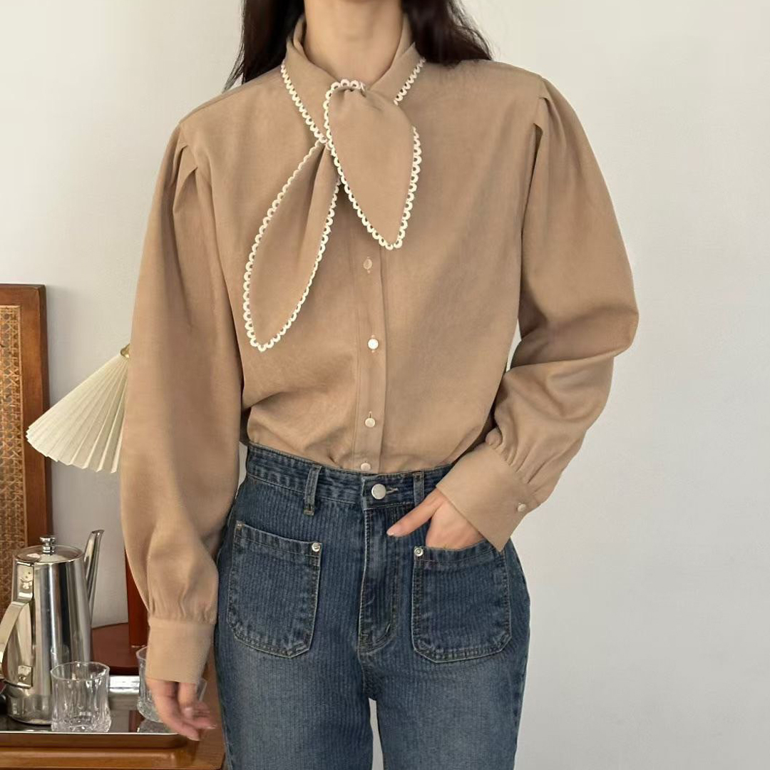 配色蕾絲滾邊綁帶領巾造型排釦上衣-F / 2色