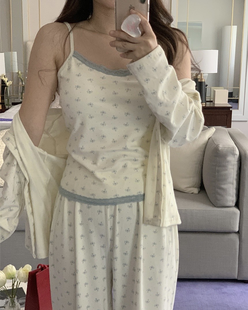 <限時折扣💥> 韓國 小眾 設計師 品牌 親膚 小碎花 三件組套裝 睡衣 睡褲 兩色