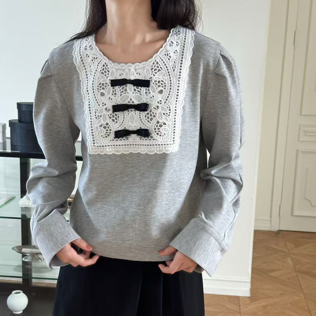 配色三蝴蝶結蕾絲拼接感圓領上衣-F / 2色