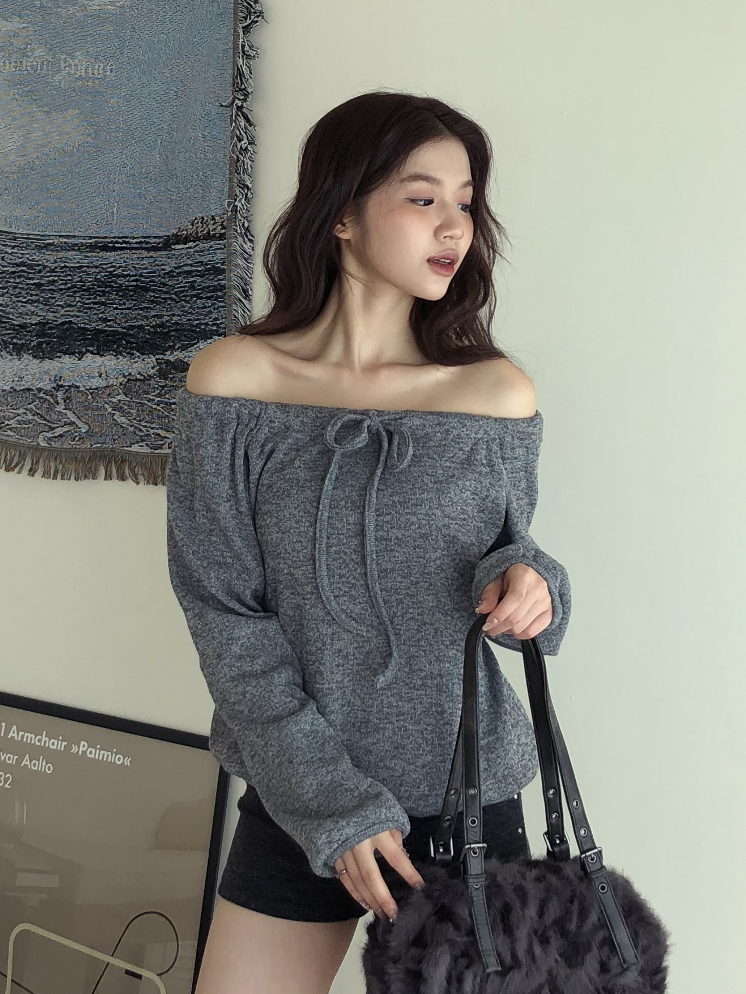 Ribbon Eyelet Off-Shoulder Top #上衣