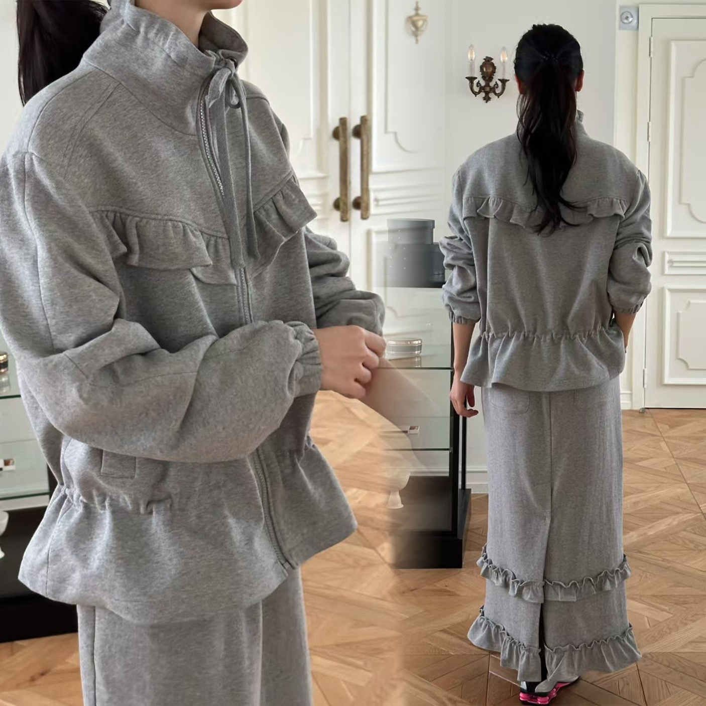 荷葉滾邊立領收腰造型拉鍊外套-F / 2色