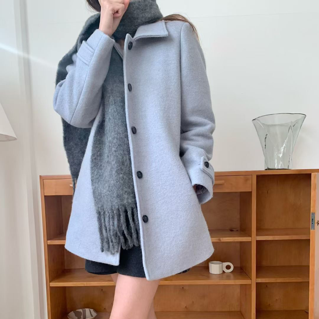翻領排釦造型毛呢中長版大衣外套-F / 3色