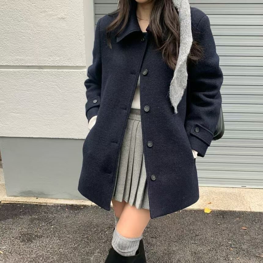 翻領排釦造型毛呢中長版大衣外套-F / 3色