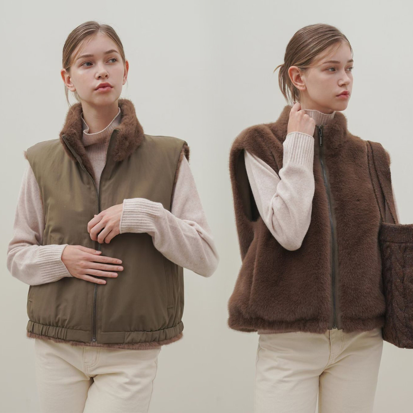 雙面穿毛絨絨皮草造型立領背心外套-F / 2色