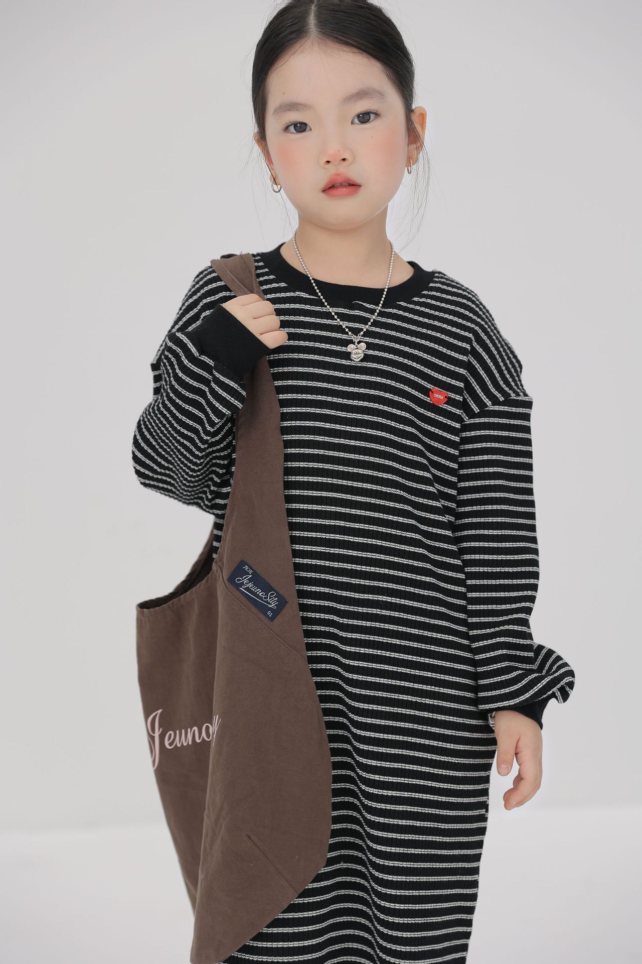 條紋愛心刺繡長版洋裝(90-150/F)