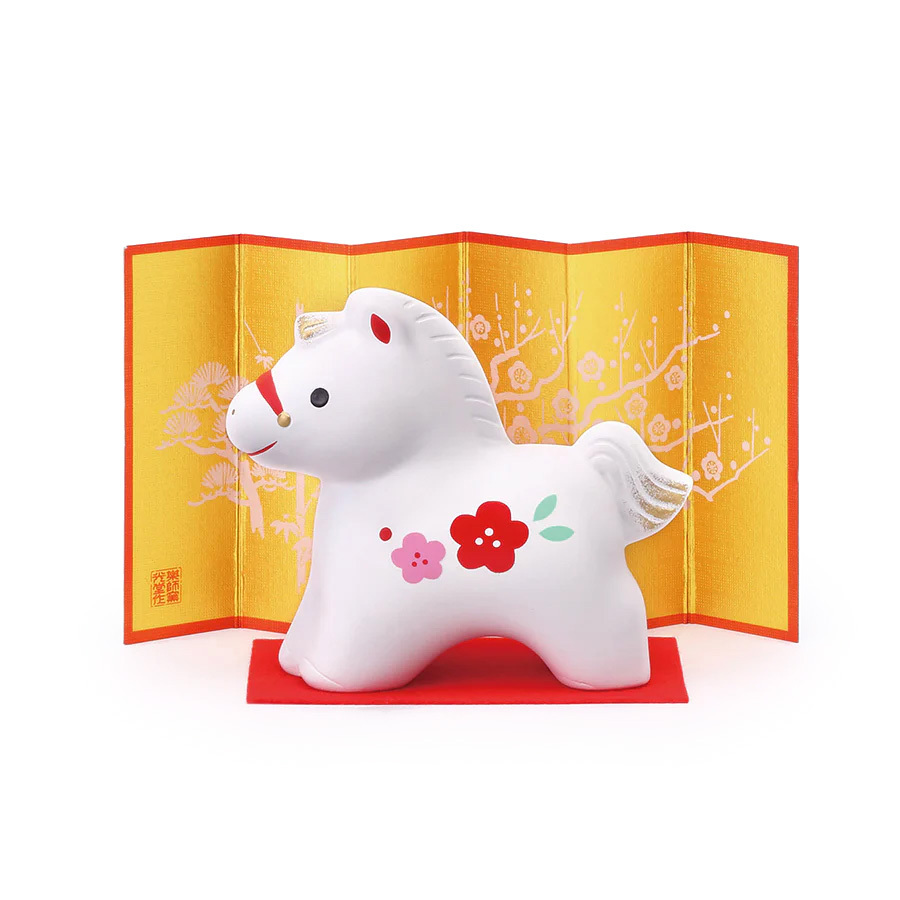 日本 薬師窯 十二生肖-馬陶瓷擺設(No.71) -錦彩招福午(紅梅)