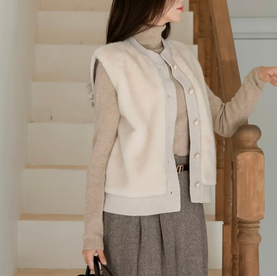 毛絨絨拼接麻花針織圓領排釦背心外套-F / 3色