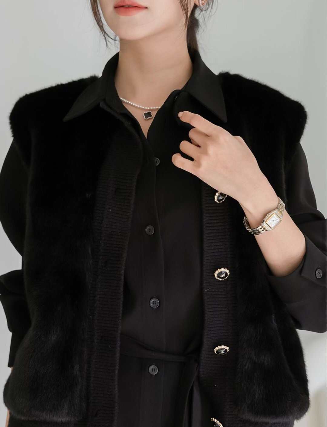 毛絨絨拼接麻花針織圓領排釦背心外套-F / 3色