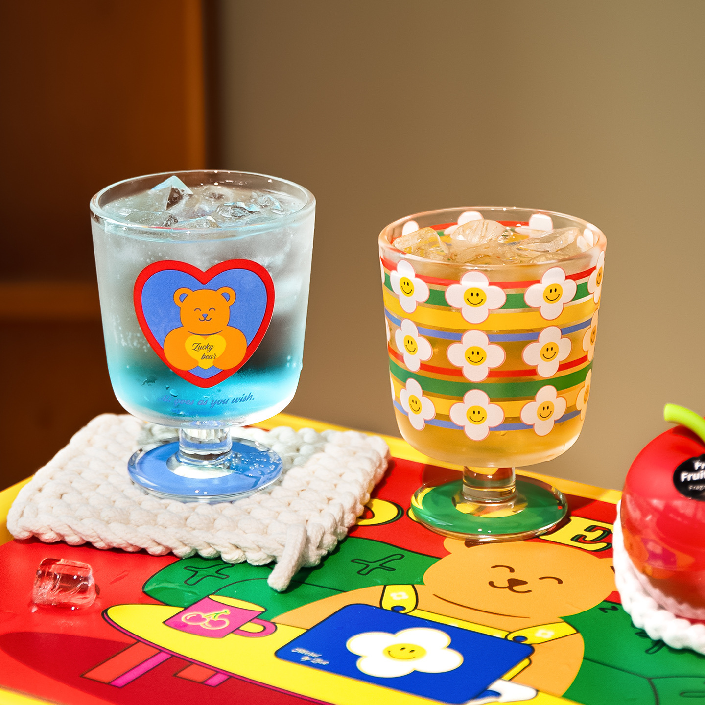 《6505》彩虹花花小熊玻璃高腳杯300ml