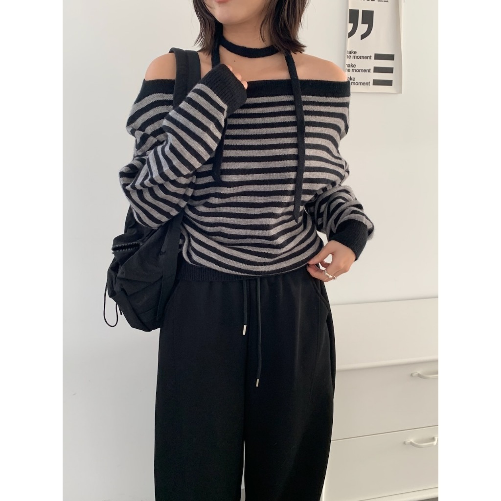 【imfine】微甜愛戀 露肩附領巾針織上衣 #7586