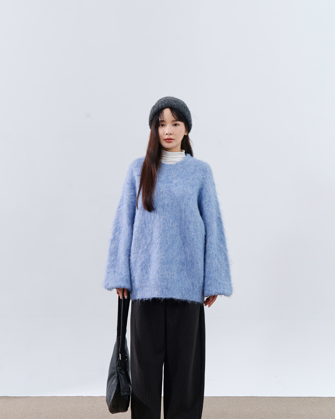 Textured floral yarn plush knit wide-cut sweater - blue【01099405】in stock+pre-order