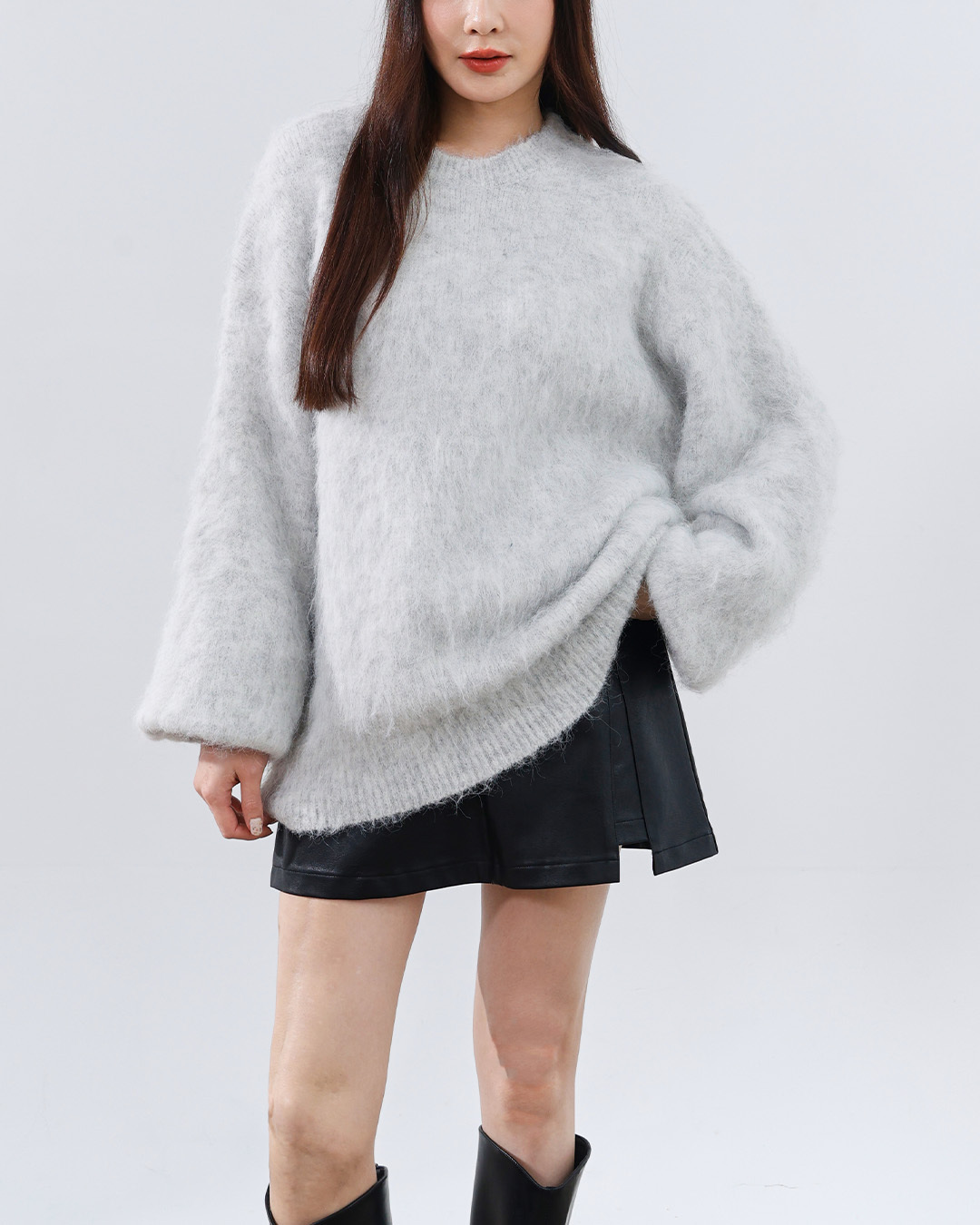 Textured Floral Knit Wide-Size Sweater - Gray【01099404】in stock+pre-order