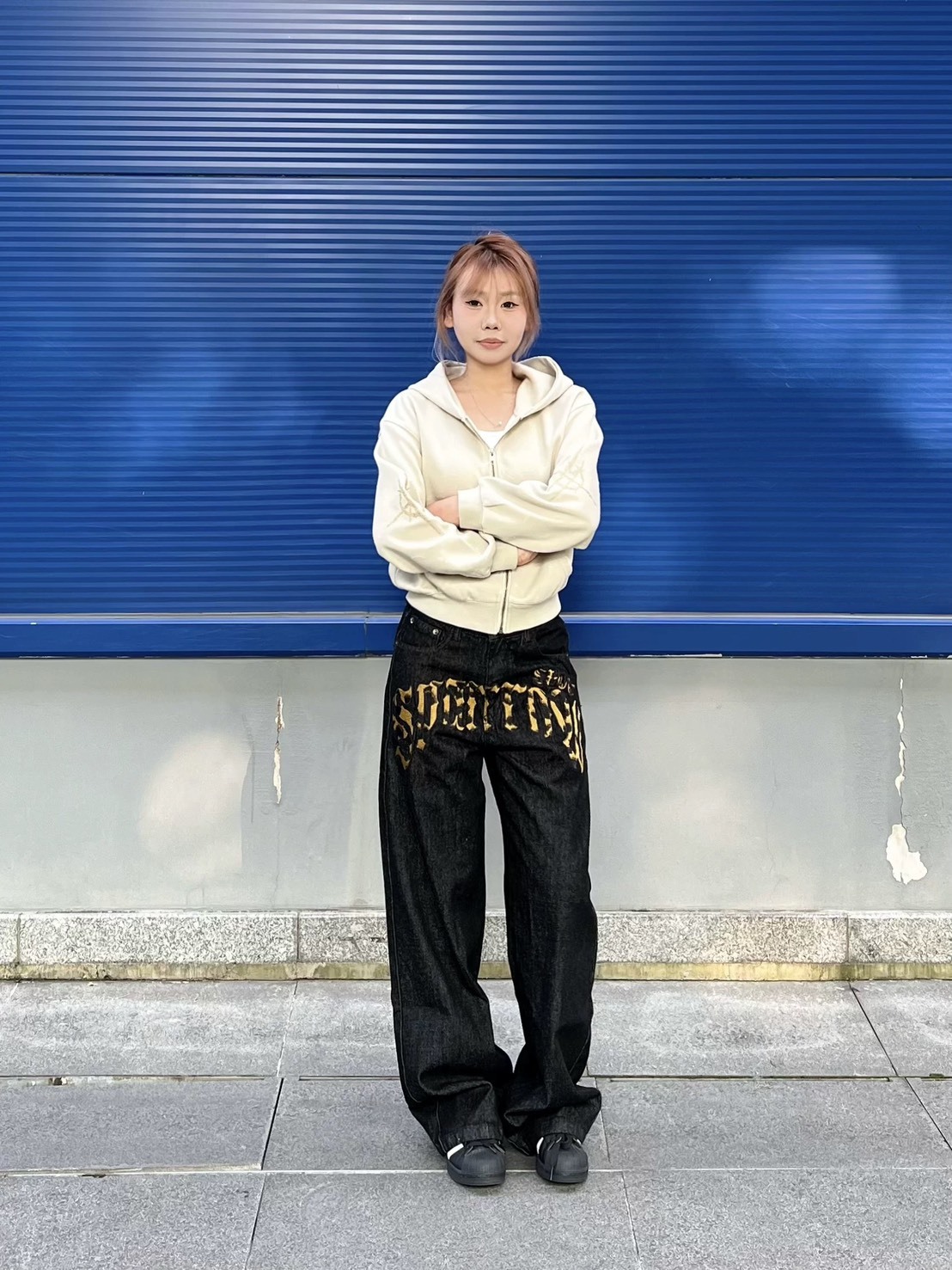 (GOAL)美式豹紋歌德字體闊腿牛仔褲 SP0287