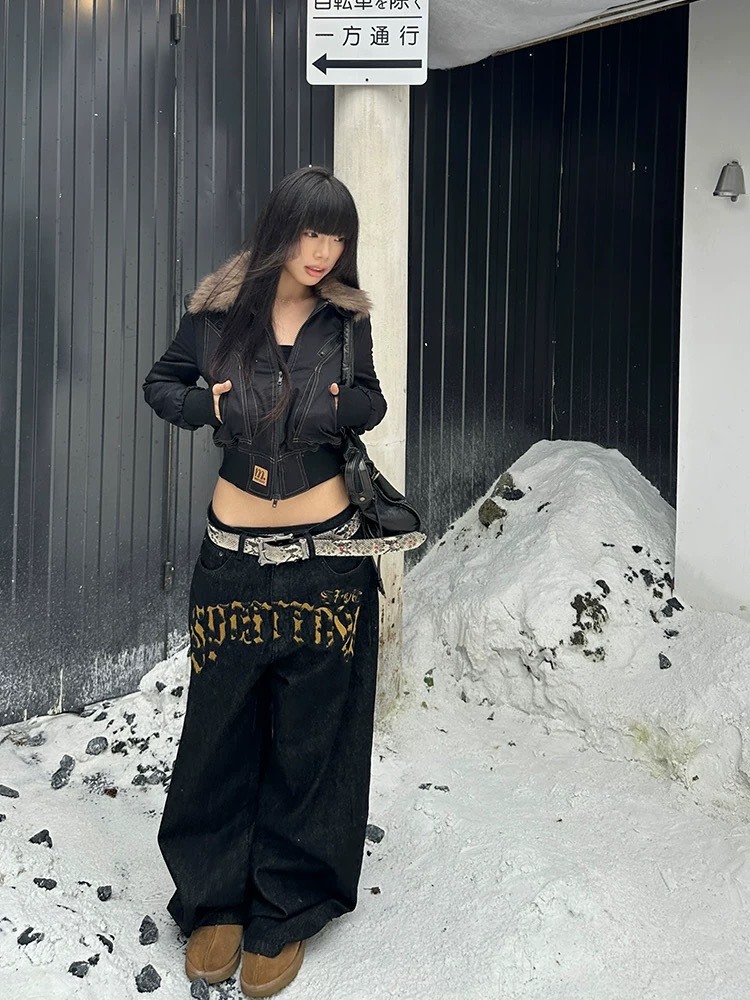 (GOAL)美式豹紋歌德字體闊腿牛仔褲 SP0287