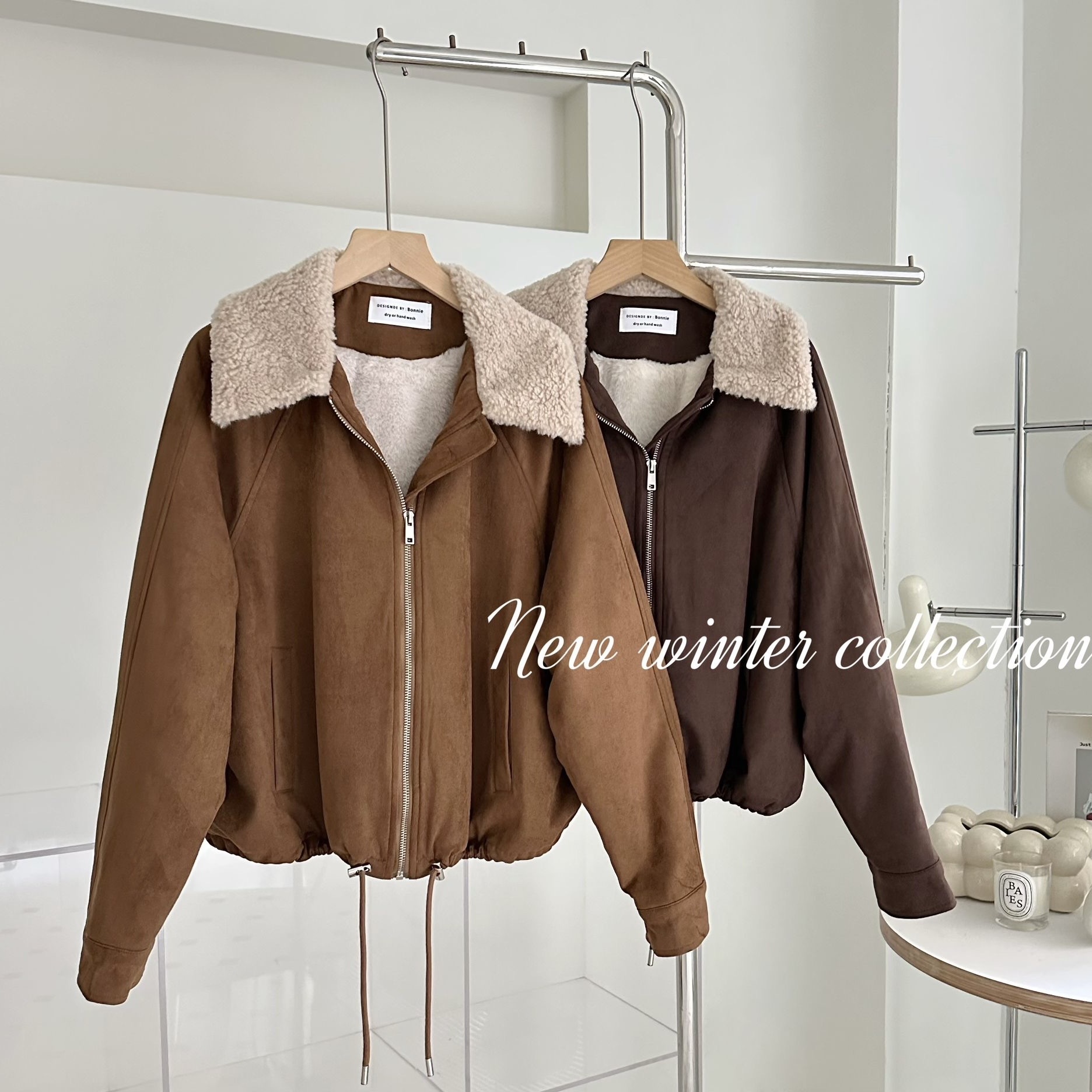 【BONNIE】羔毛領毛底拉鏈麂皮外套 (E168)