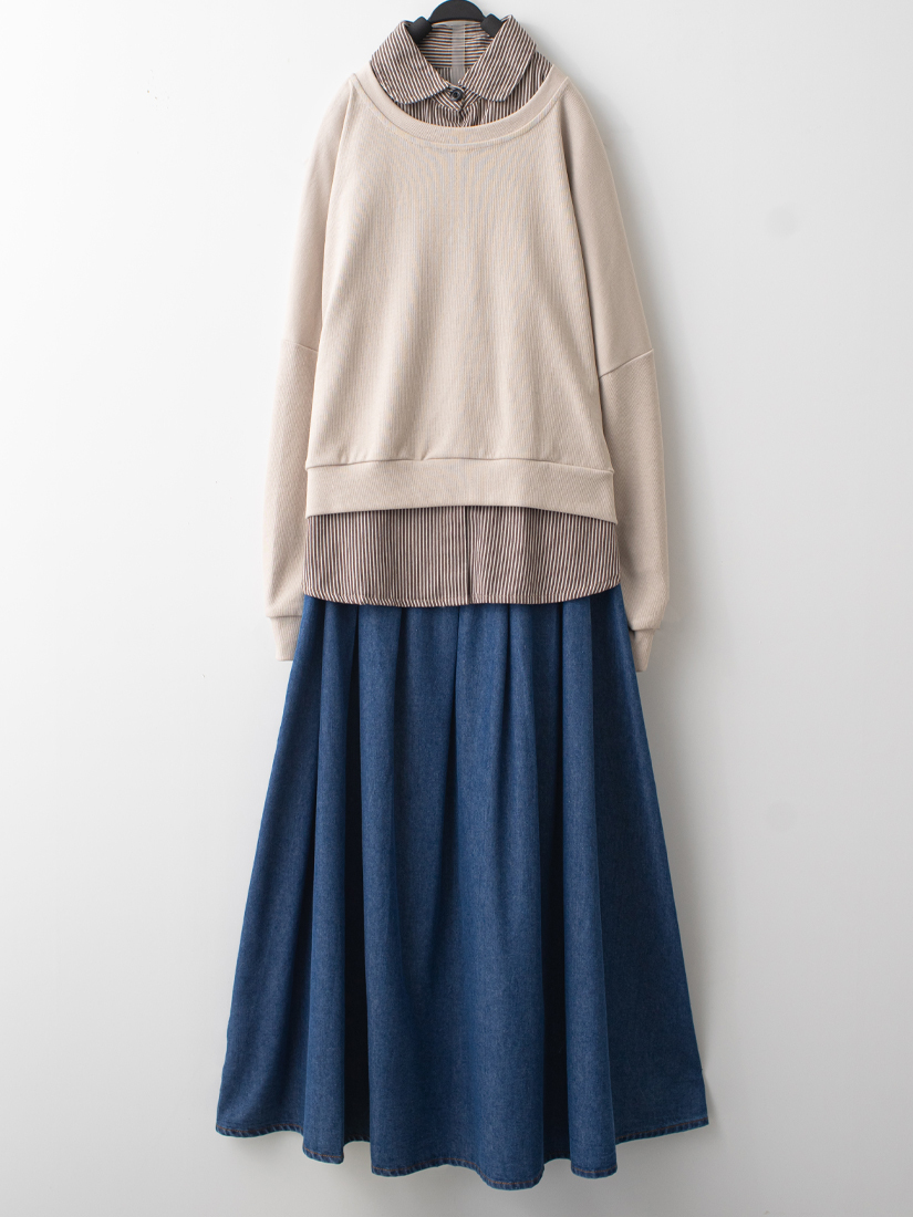 質感羅紋下擺上衣貓咪條紋襯衫A字牛仔裙組合