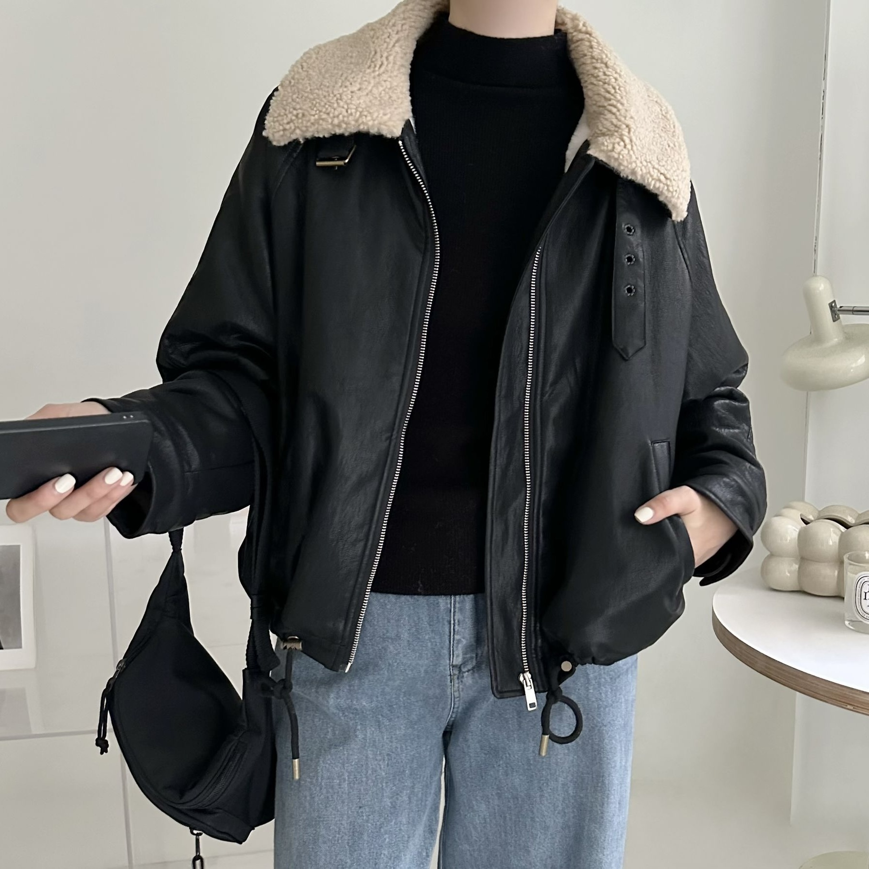 【BONNIE】羔毛領毛底拉鏈仿皮外套 (F47-F48)