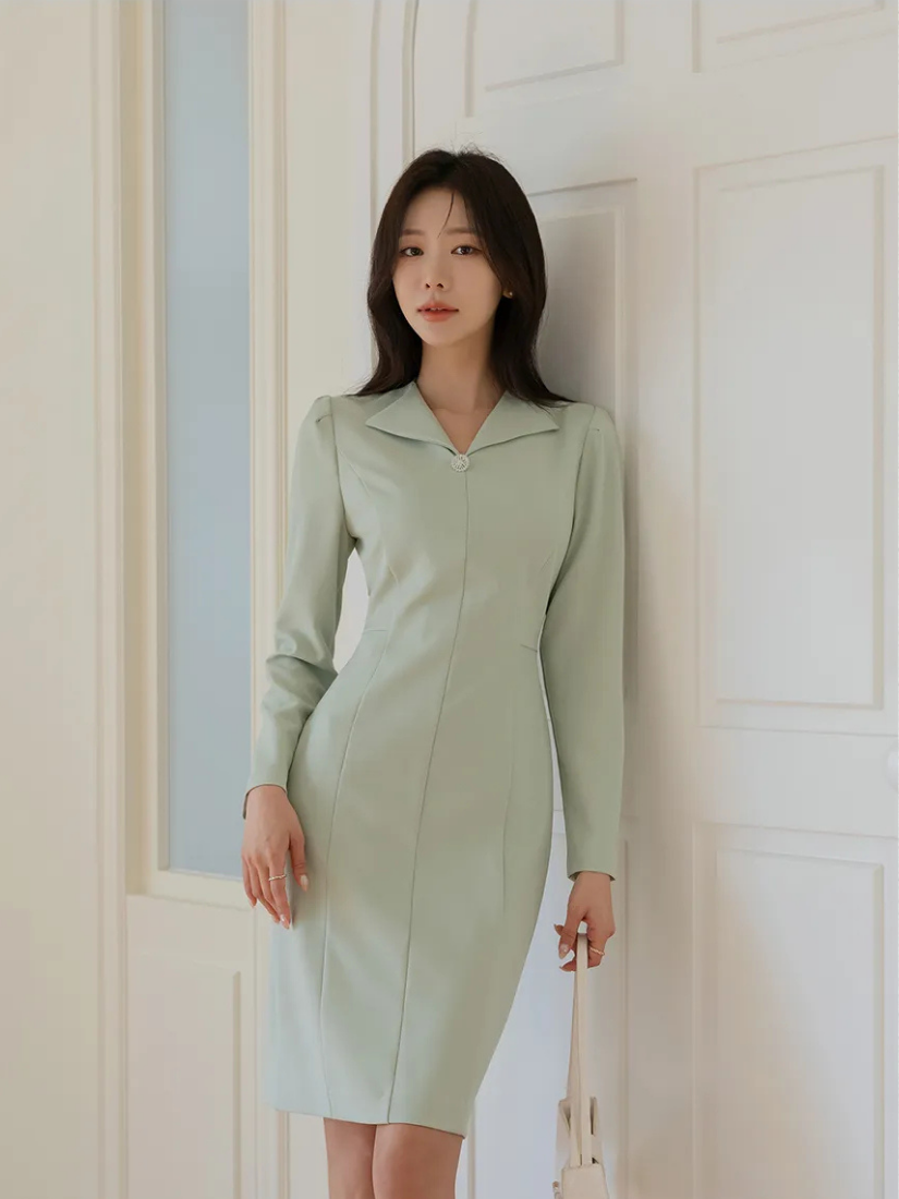 Anila 單釦小翻領包臀洋裝 [ 2色 / S,M,L ]