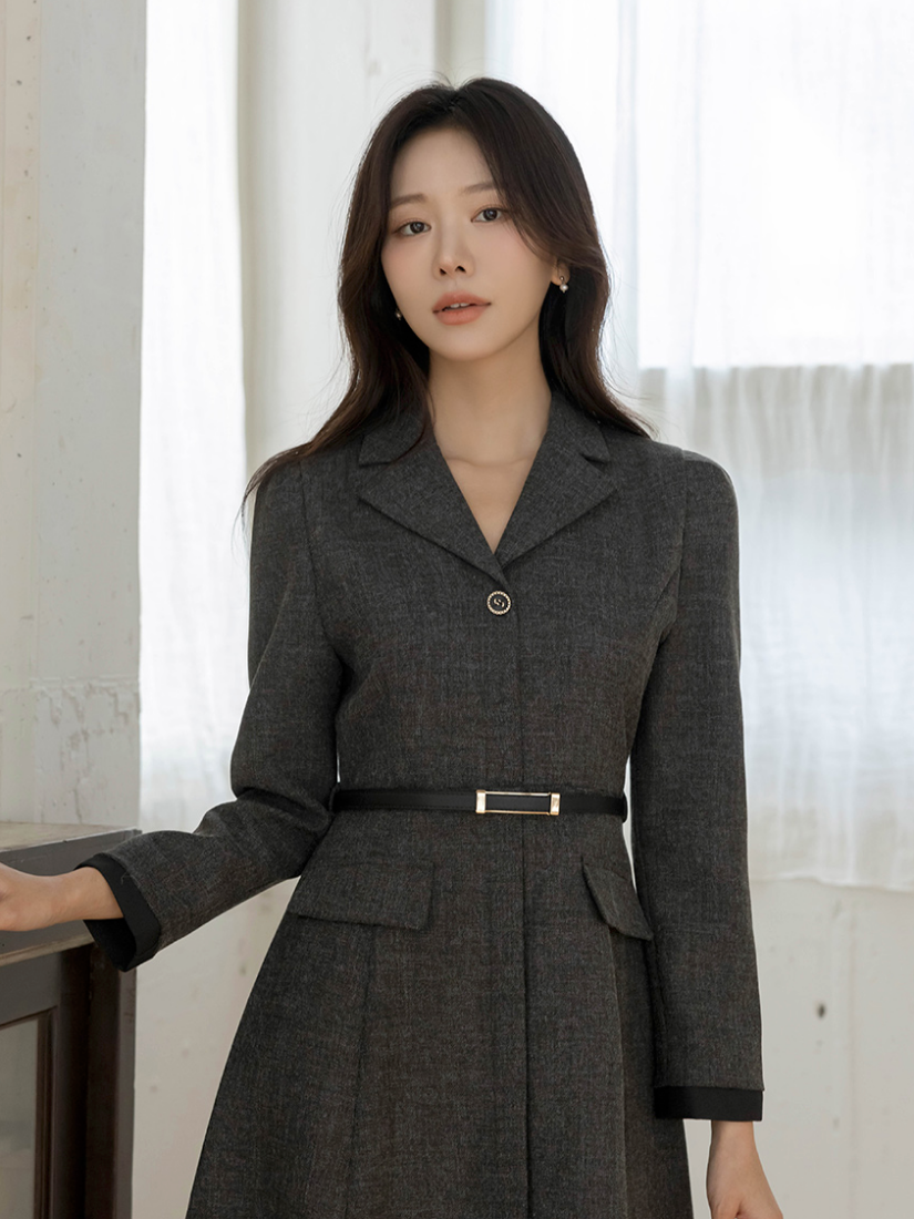 Belle 西裝領腰帶A字洋裝 [ 2色 / S,M ]