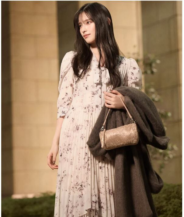 [預購] 折扣SNIDEL 薔薇印花百褶雪紡洋裝