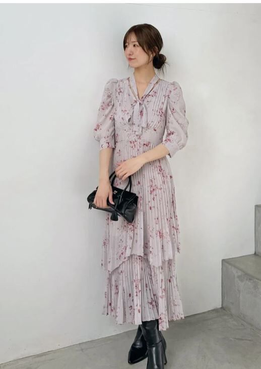 [預購] 折扣SNIDEL 薔薇印花百褶雪紡洋裝