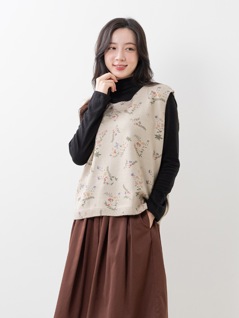 日系森林印花微起毛寬鬆針織背心