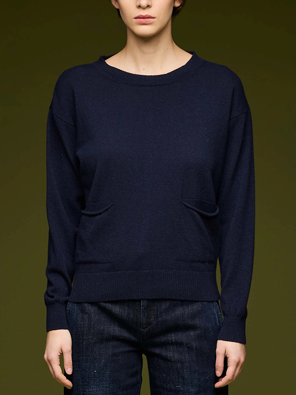 EUROPEAN 雙口袋圓領針織衣(深藍)