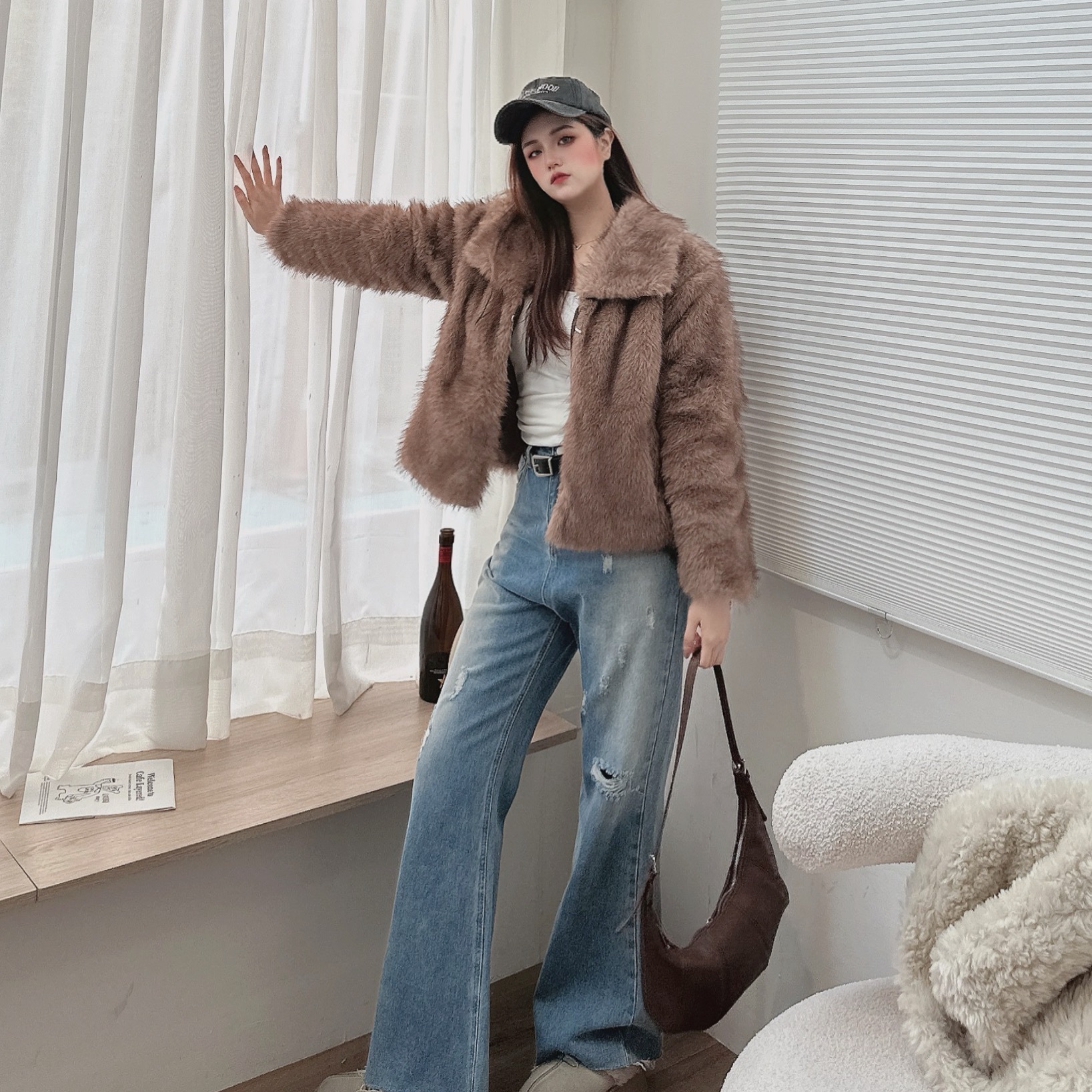 高級漸層感皮草翻領外套/二色