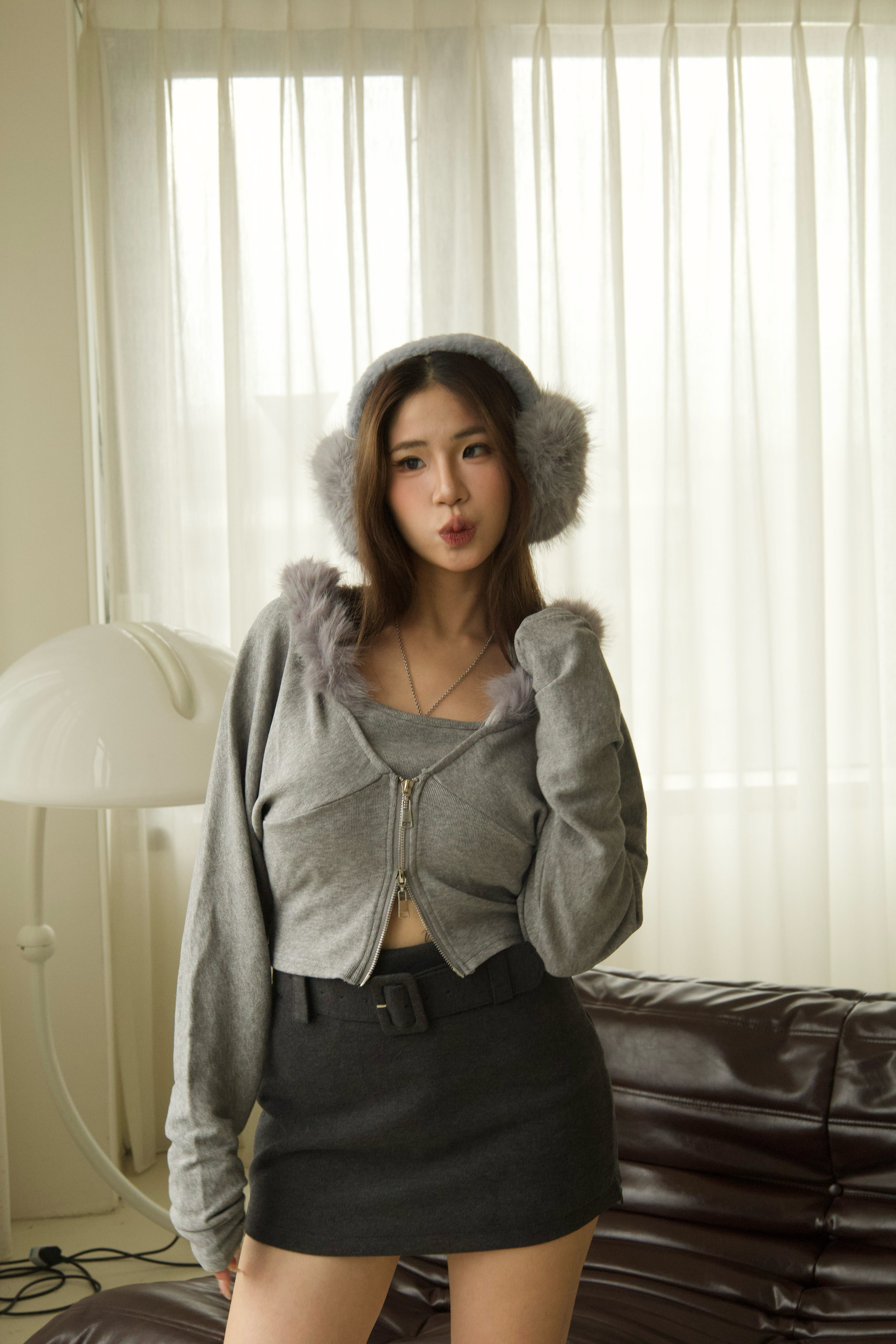 兩件式連袖毛毛領上衣