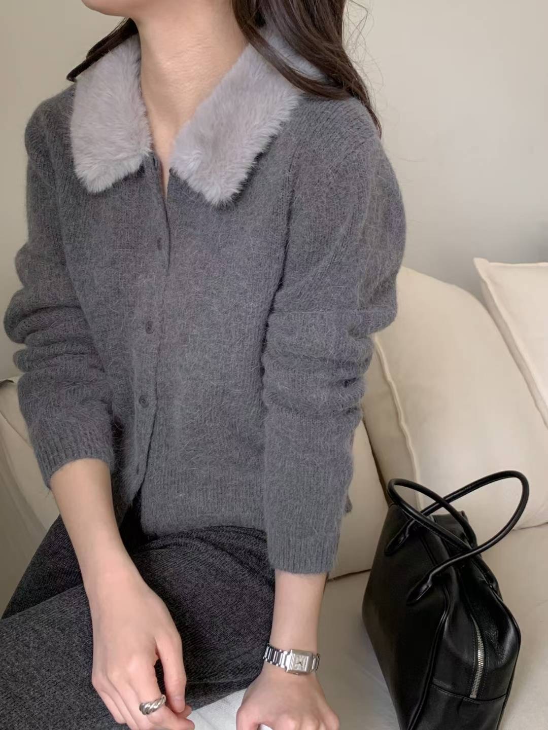 Mink collar angora cardigan