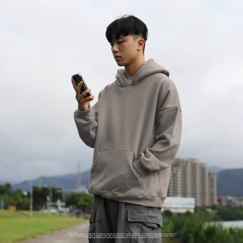 500克大絨布麂皮絨 立體剪裁落肩帽T