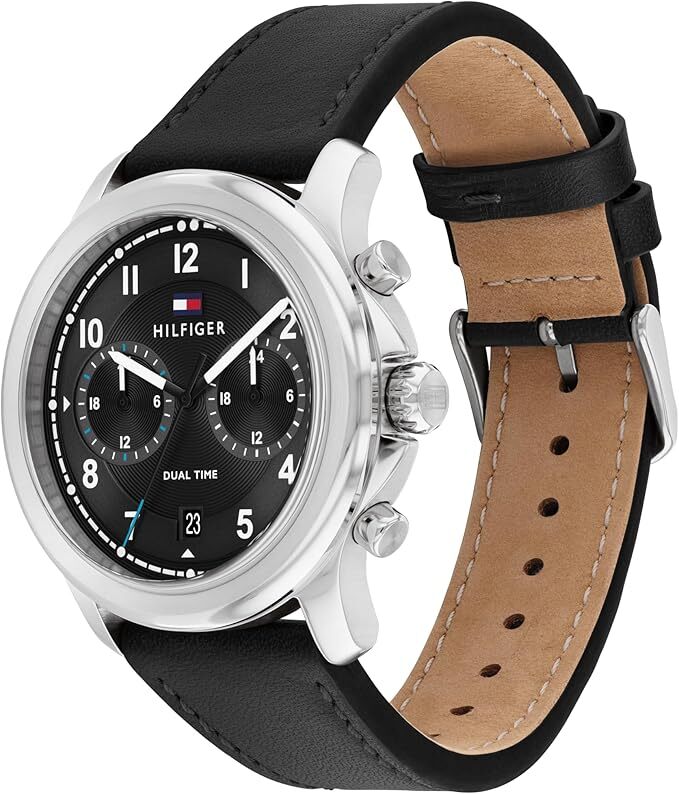 萬年鐘錶 - Tommy Hilfiger  時尚黑色面盤皮革錶帶男錶 1710624 錶徑42MM