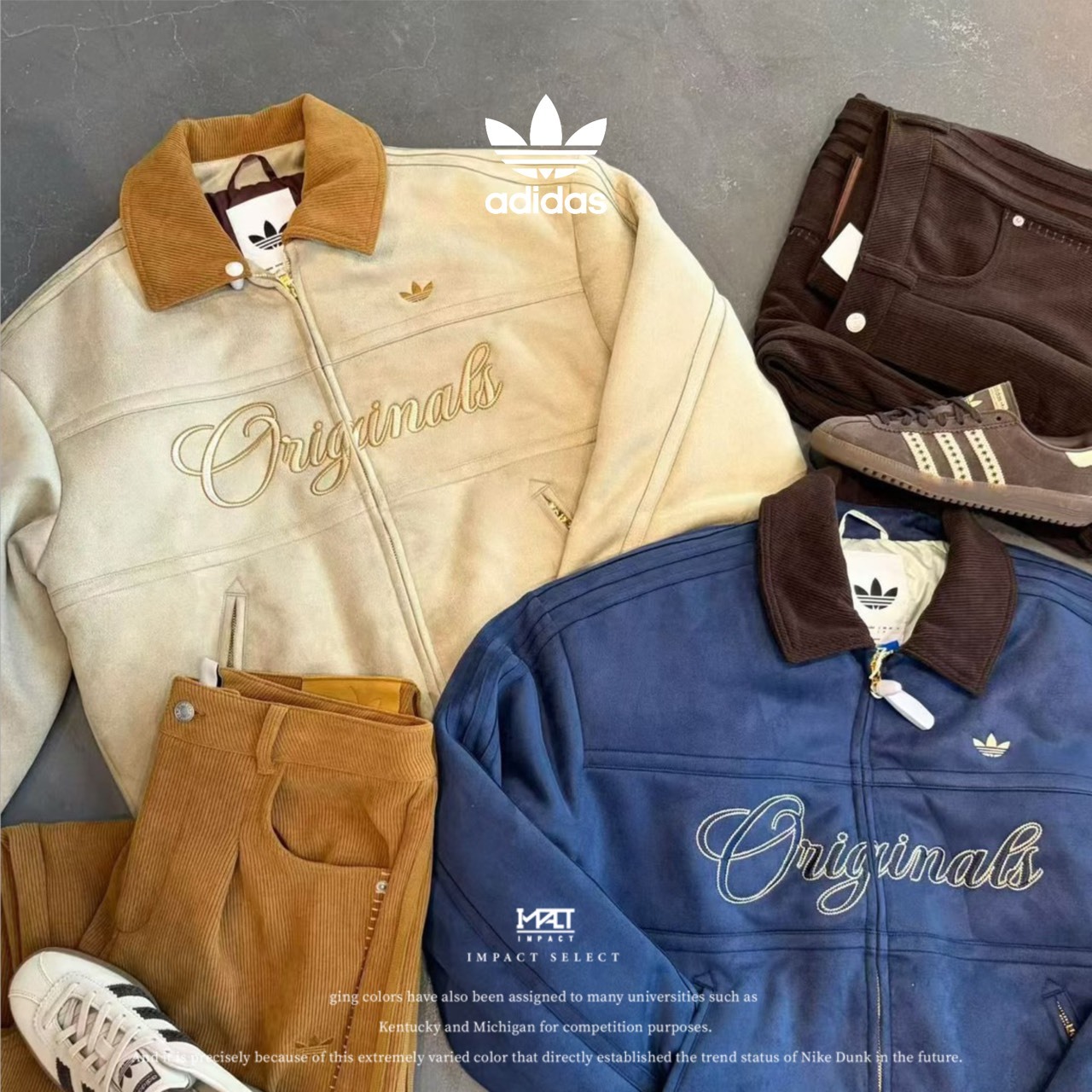 ADIDAS Originals 麂皮外套 立領 短版夾克 卡其 寶藍色 兩色 KT0675 KT0674