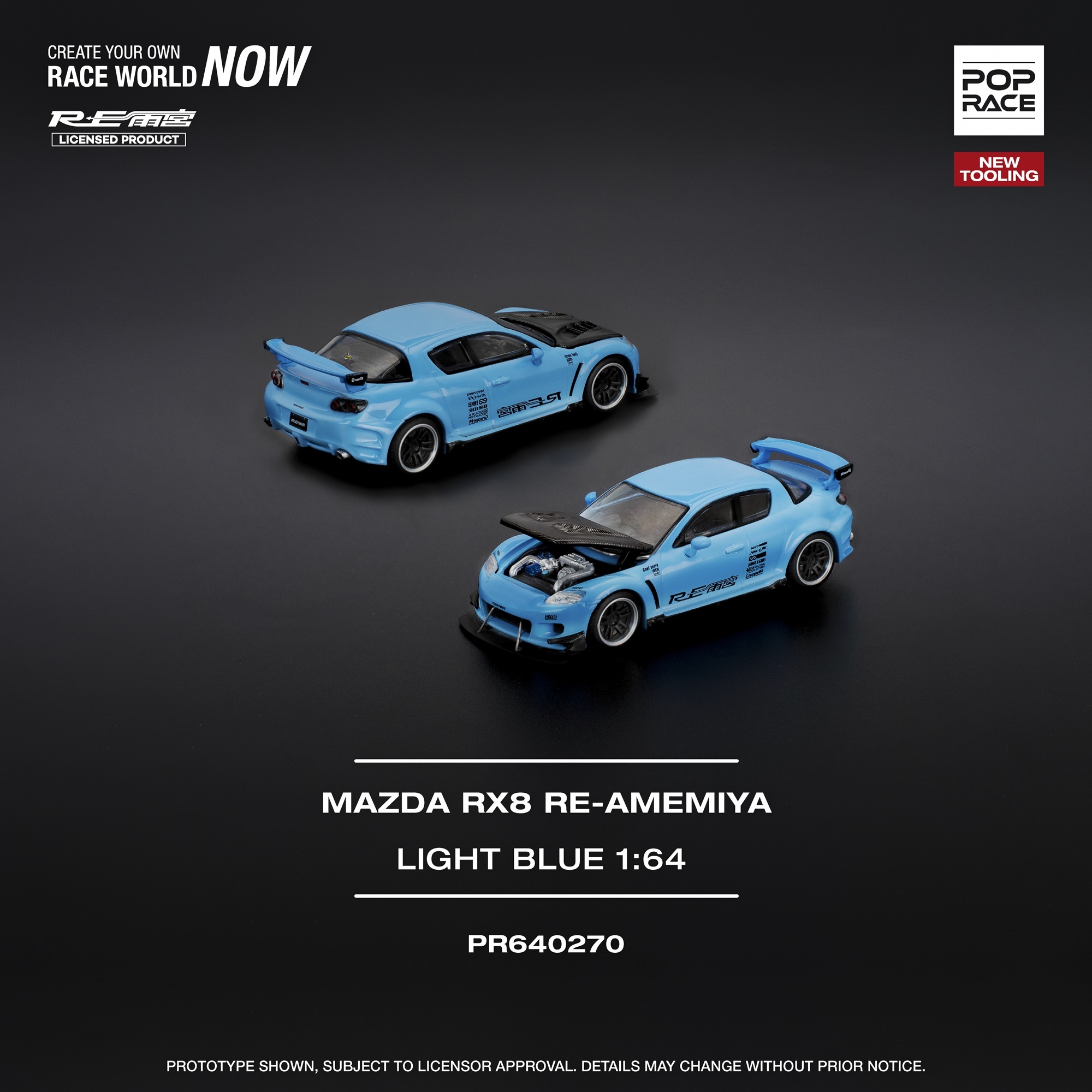 POPRACE 1/64 MAZDA RX-8 RE-AMEMIYA LIGHT BLUE (Opening Front Hood | Detailed Engine)