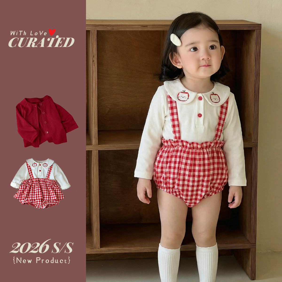 蘋果貓咪假兩件包屁裙+外套兩件套(66-90)