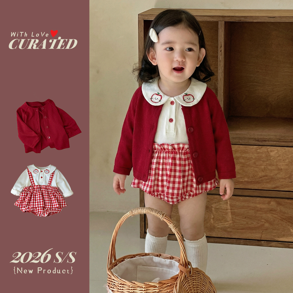 蘋果貓咪假兩件包屁裙+外套兩件套(66-90)