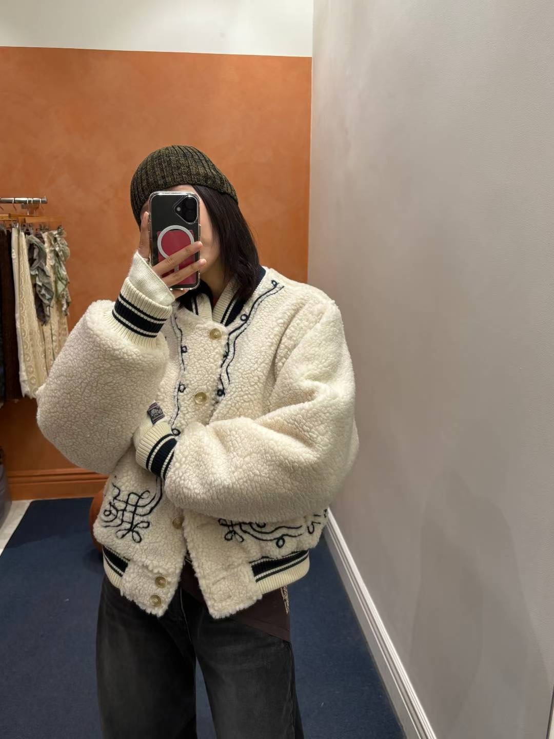 Embroidery shearling bomber jacket