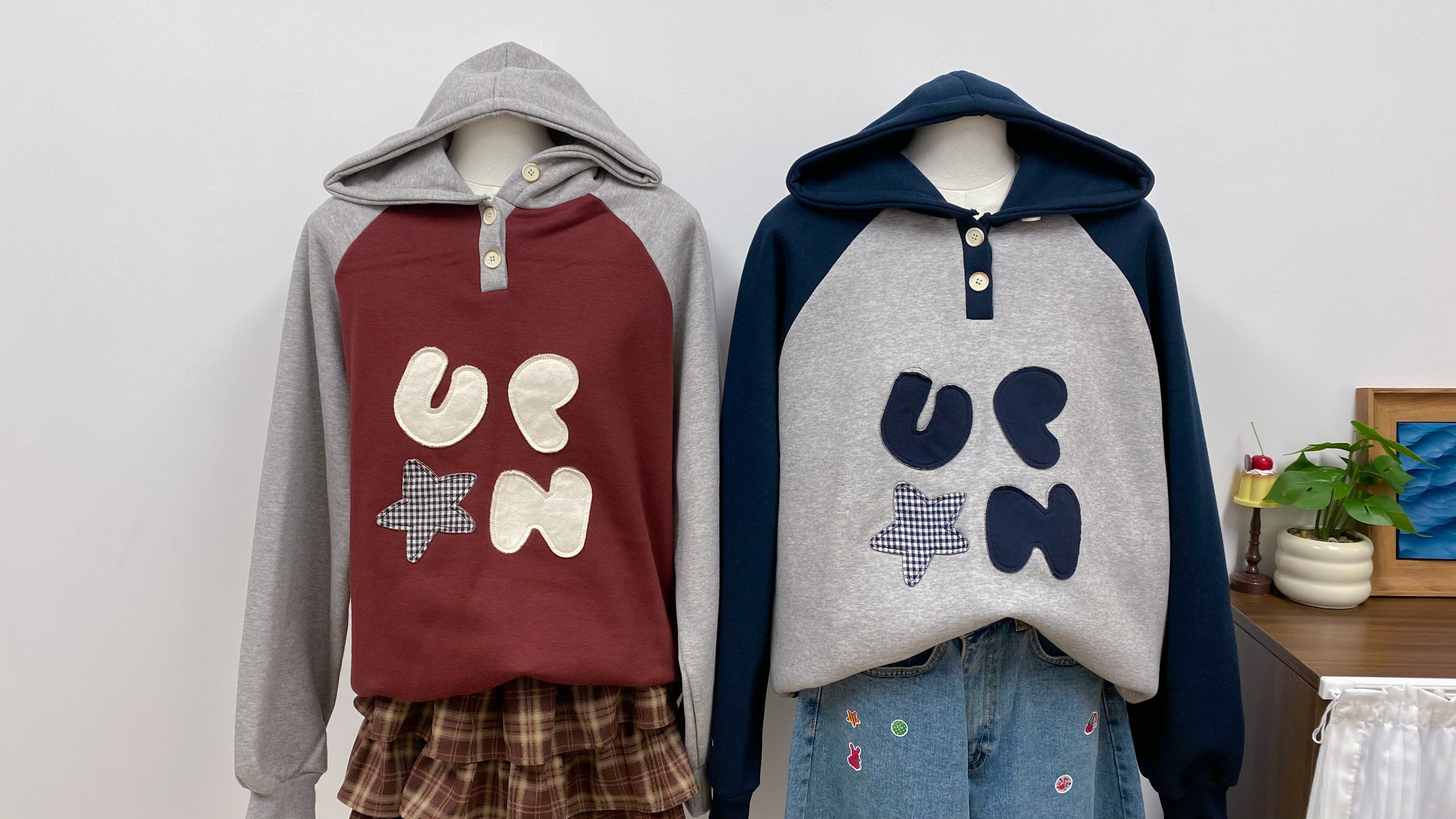 y2k拼貼牛角hoodie(紅/藍)