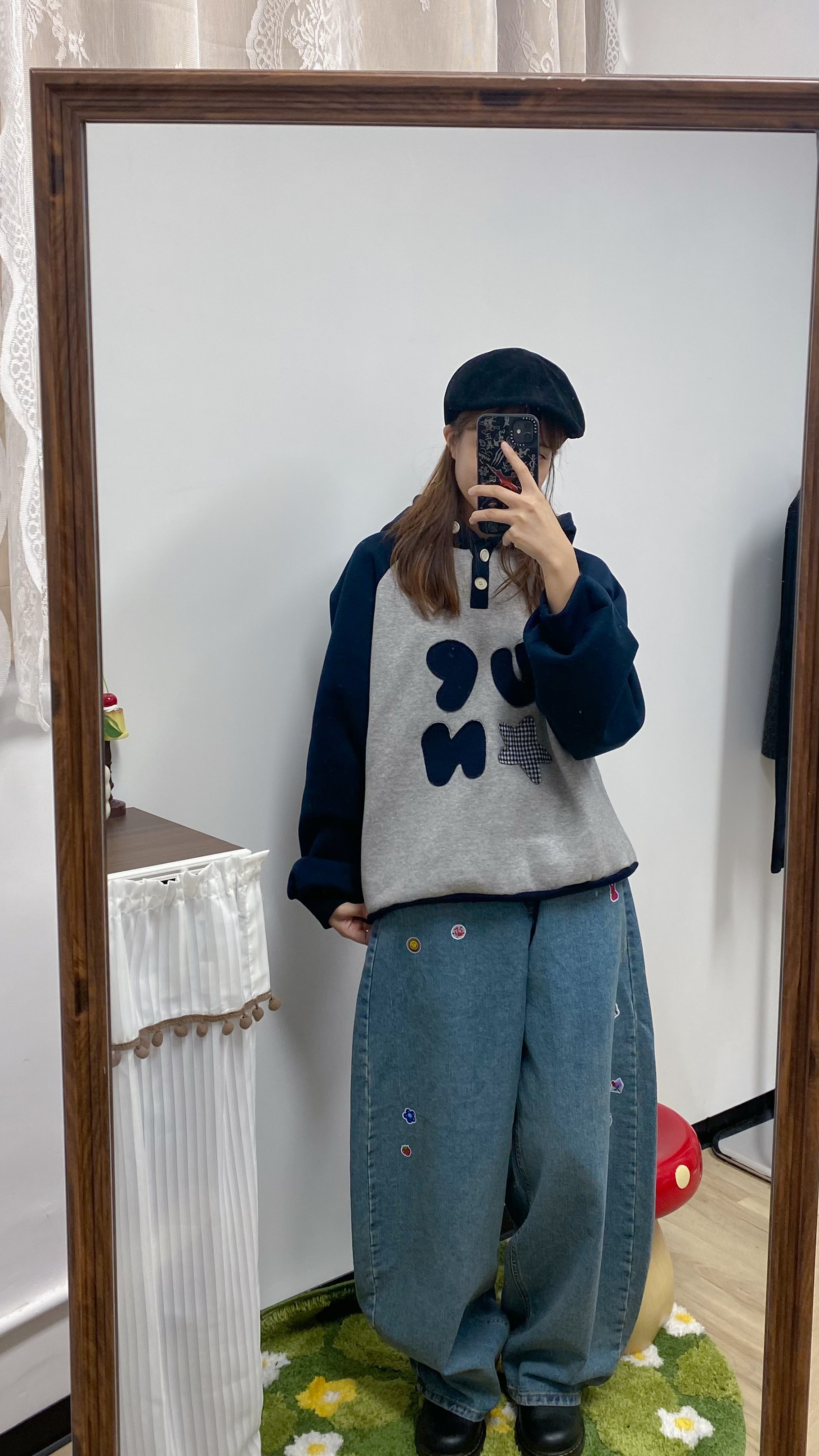 y2k拼貼牛角hoodie(紅/藍)