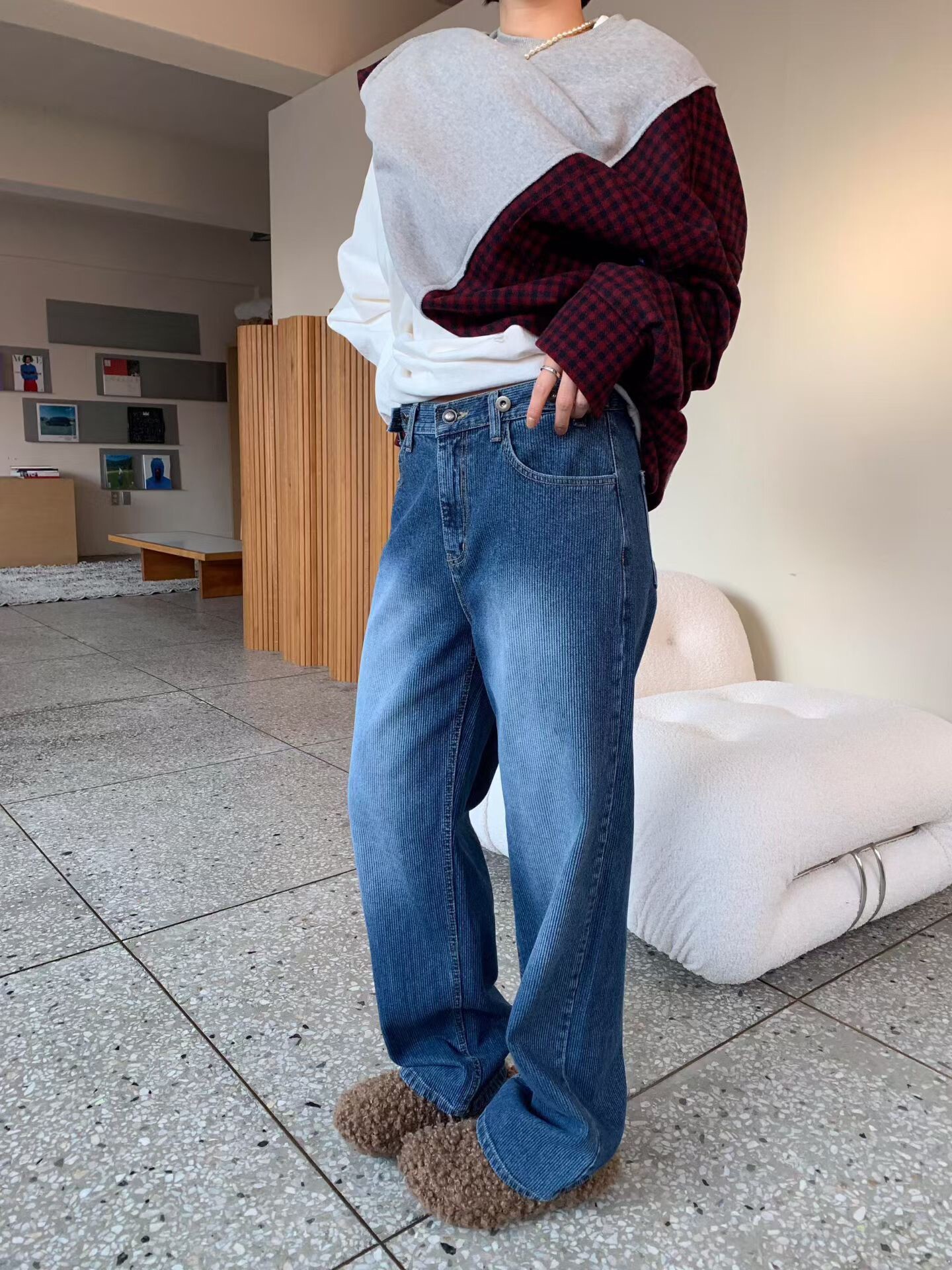 燈心絨洗色丹寧褲