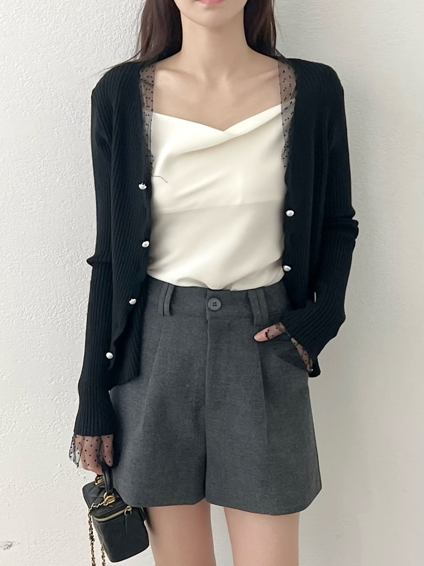 Dot lace ruffle pearl twist button cardigan