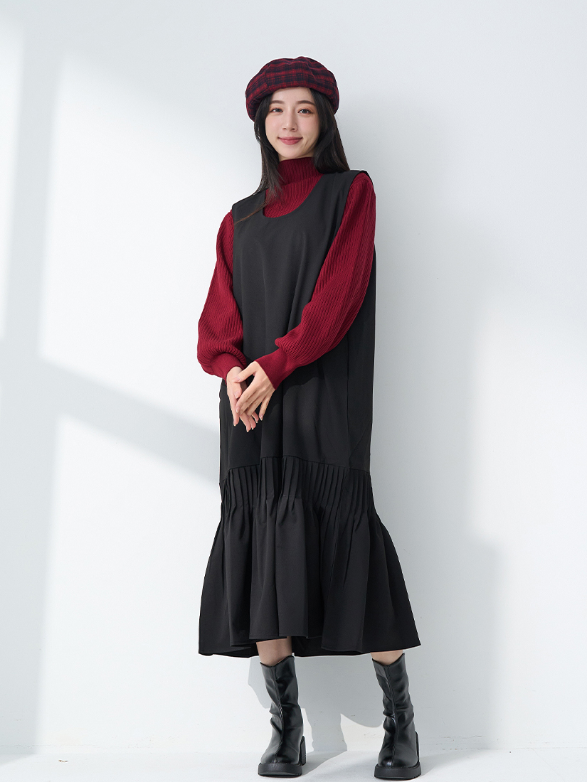 日系魚尾連身洋裝半高領針織毛衣組合