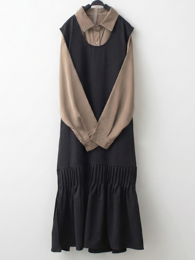 摩卡慕斯緞面襯衫壓褶魚尾洋裝組合