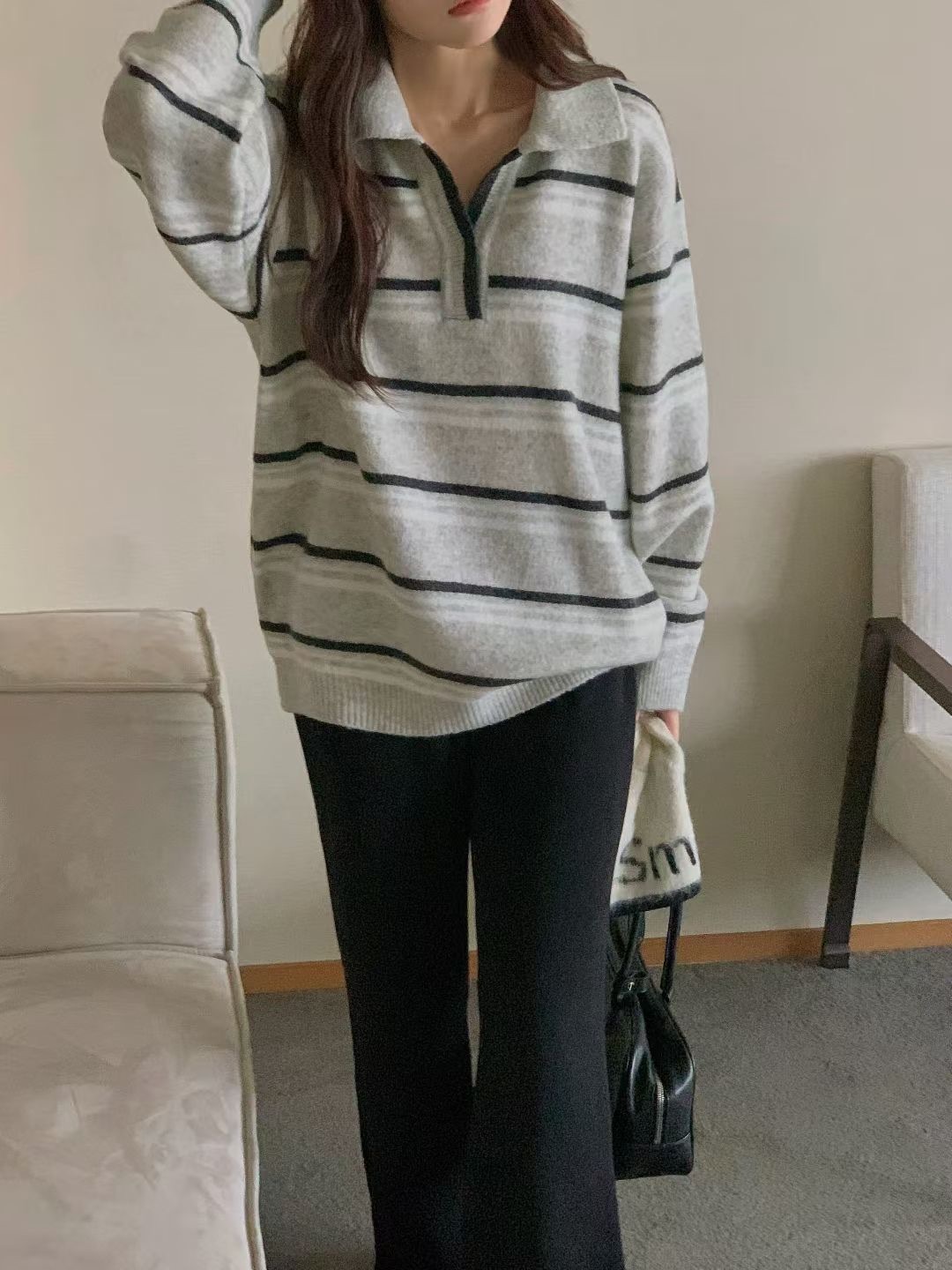 Horizontal striped color blocked V neck knit