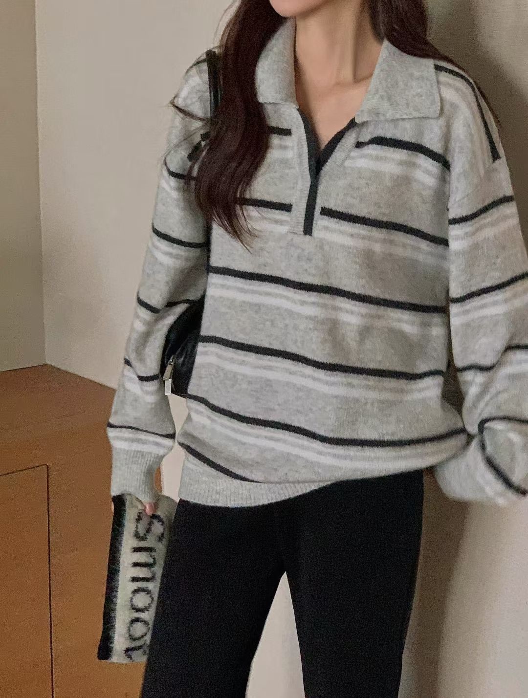 Horizontal striped color blocked V neck knit